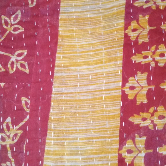 Kantha Quilt Red Yellow 54" x 86" Premium 3 Layer Cotton Handmade in India K20. - Picture 3 of 6